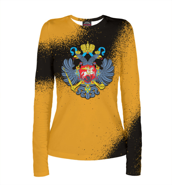 Женский лонгслив с притом Герб РФ (охра) цвета Белый Женский лонгслив с изображением Герб РФ (охра) цвета Белый