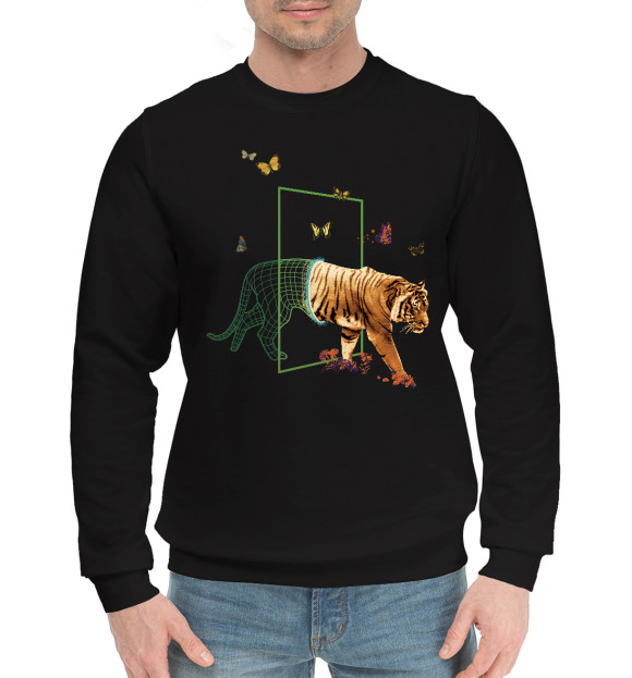 Мужской хлопковый свитшот с изображением Акварельный Тигр - Коллаж цвета Черный