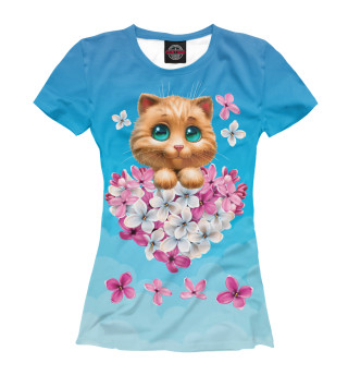 Женская футболка Котенок и сердечко из цветов
