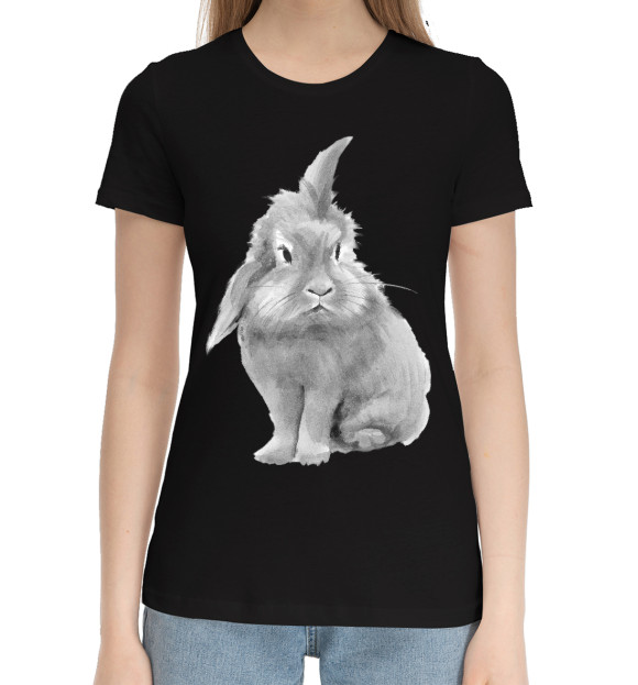 Женская хлопковая футболка с изображением Черно-белый кролик цвета Черный