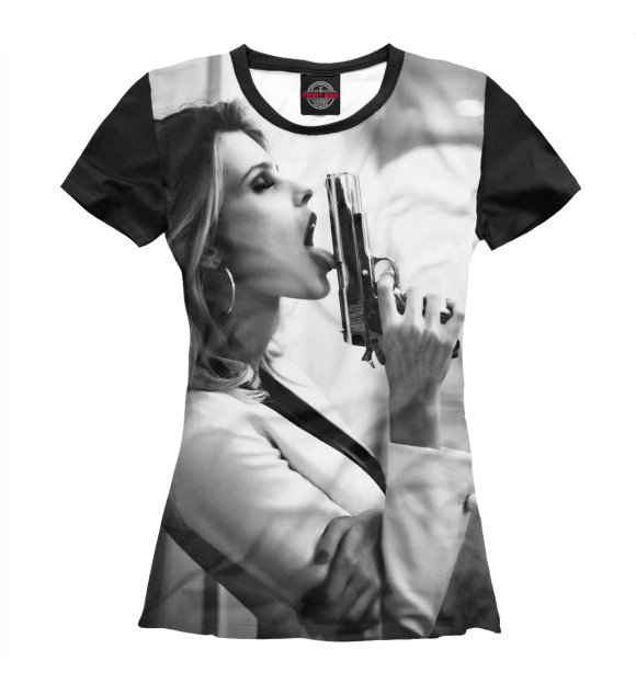 Женская футболка с изображением Девушка с пистолетом цвета Белый