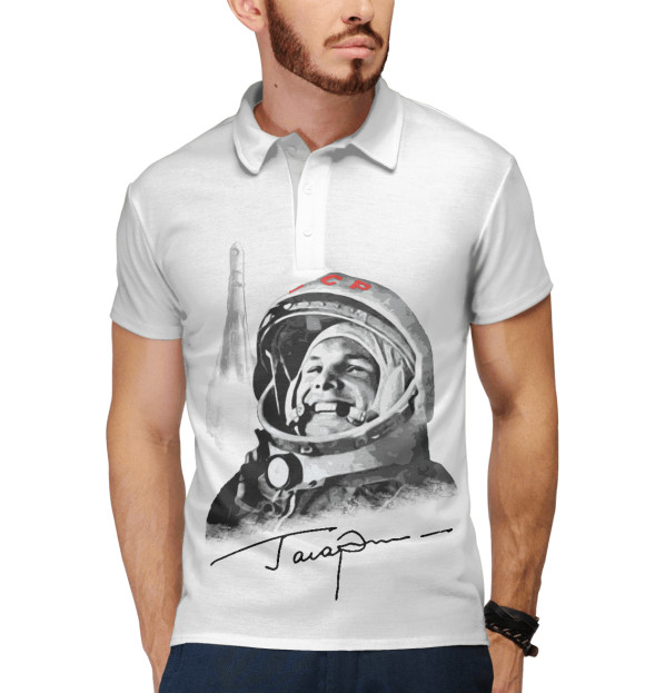 Мужское поло с изображением Гагарин цвета Белый