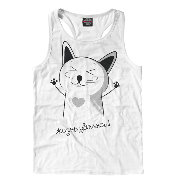 Мужская майка-борцовка с изображением Cчастливый и прикольный Котэ в Нирване цвета Белый