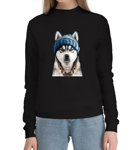 Женский хлопковый свитшот с изображением Стиль жизни ХАСКИ цвета Черный