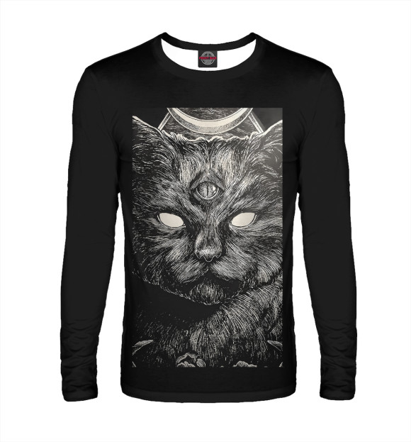 Мужской лонгслив с изображением Черный кот цвета Белый