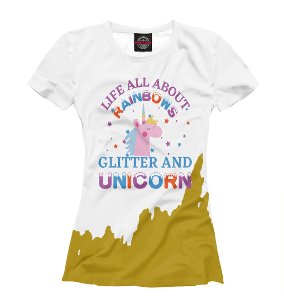 Женская футболка с притом Glitter and Unicorn цвета Белый Женская футболка с изображением Glitter and Unicorn цвета Белый