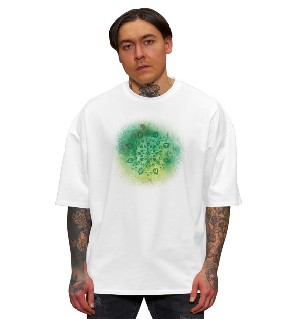 Мужская футболка оверсайз с изображением Зелёная мандала природы и исцеления цвета Белый