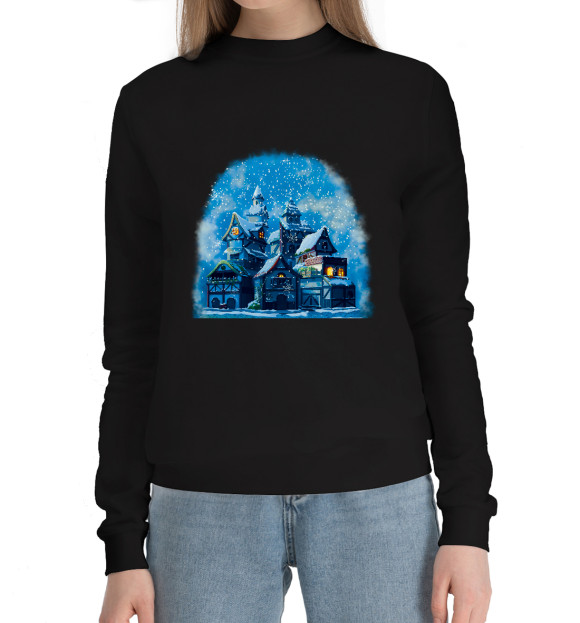 Женский хлопковый свитшот с изображением Сказочный снегопад цвета Черный