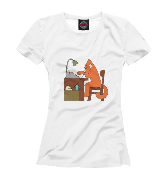 Женская футболка с изображением Кот с пишущей машинкой цвета Белый