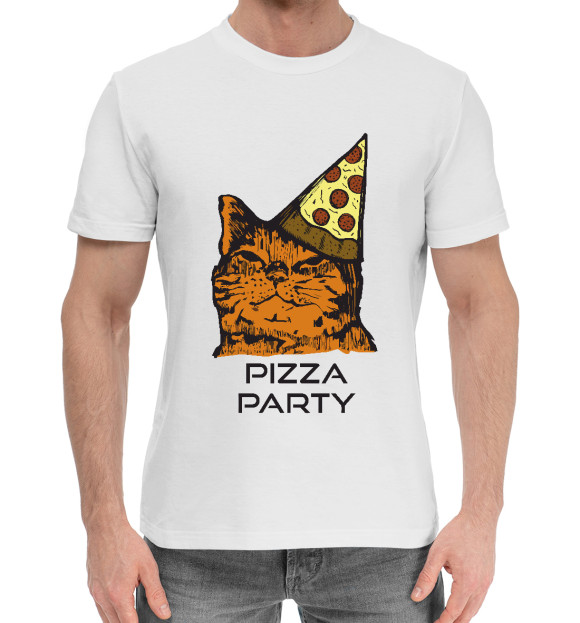 Мужская хлопковая футболка с притом Pizza Party цвета Белый Мужская хлопковая футболка с изображением Pizza Party цвета Белый