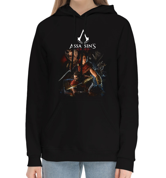Женский хлопковый худи с притом Assassin's creed цвета Черный Женский хлопковый худи с изображением Assassin's creed цвета Черный