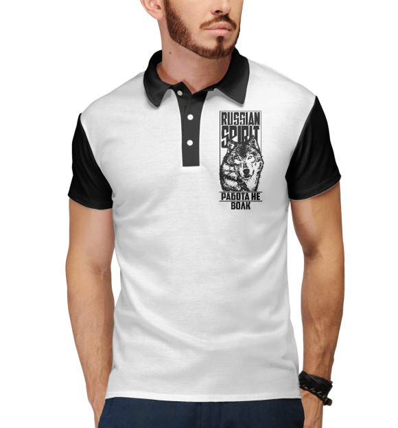 Мужское поло с притом Работа не волк (Ч/Б) цвета Белый Мужское поло с изображением Работа не волк (Ч/Б) цвета Белый