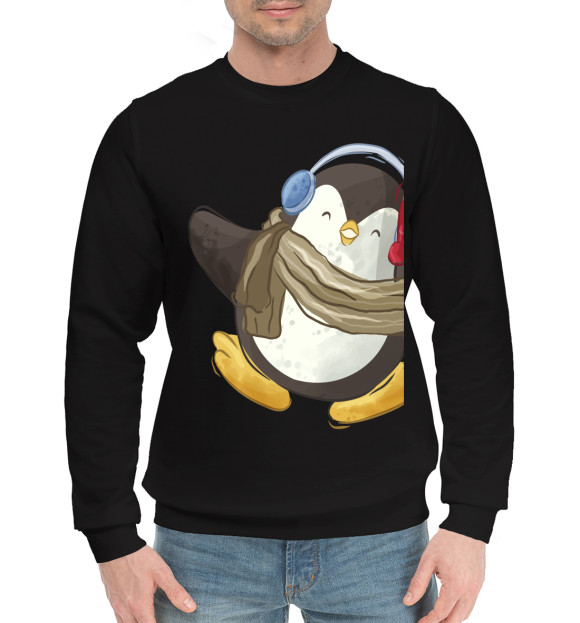 Мужской хлопковый свитшот с изображением Пингвин в наушниках цвета Черный