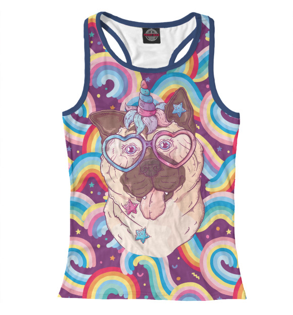 Женская майка-борцовка с изображением Собака - единорог цвета Белый