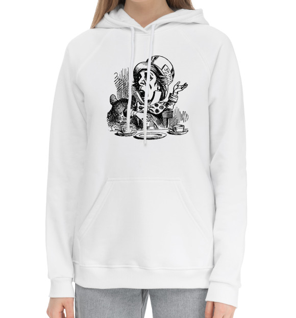 Женский хлопковый худи с притом Шляпник цвета Белый Женский хлопковый худи с изображением Шляпник цвета Белый