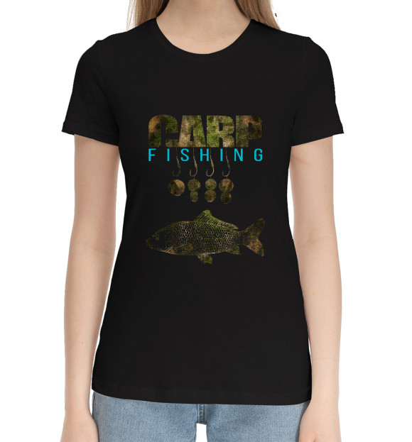 Женская хлопковая футболка с изображением Carp Fishing цвета Черный