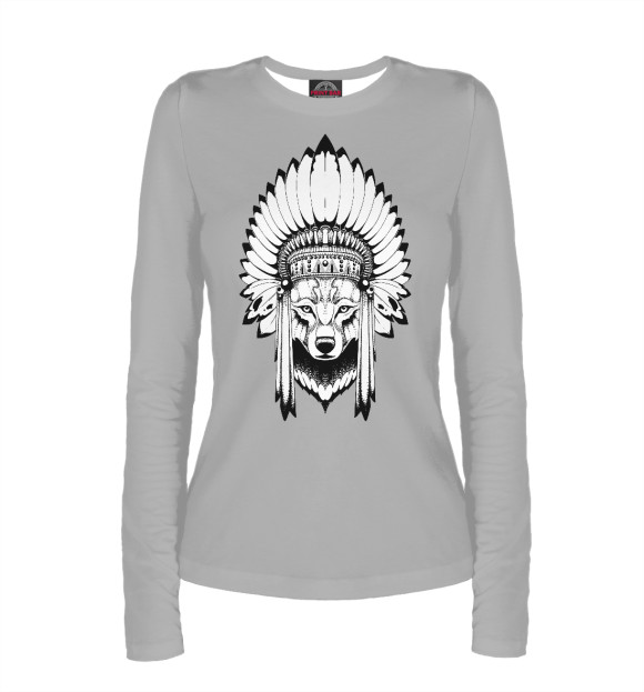 Женский лонгслив с изображением Индеец волк на сером фоне цвета Белый