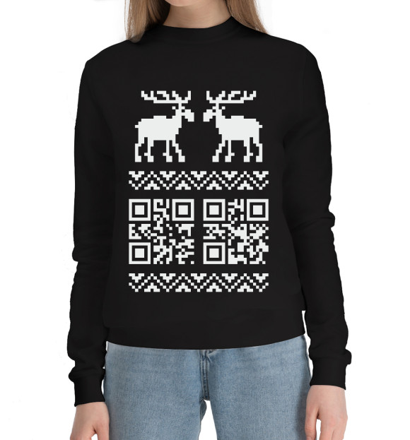 Женский хлопковый свитшот с изображением QR-Deer цвета Черный
