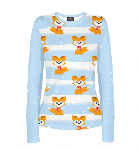 Женский лонгслив с притом Лисички в шарфиках цвета Белый Женский лонгслив с изображением Лисички в шарфиках цвета Белый