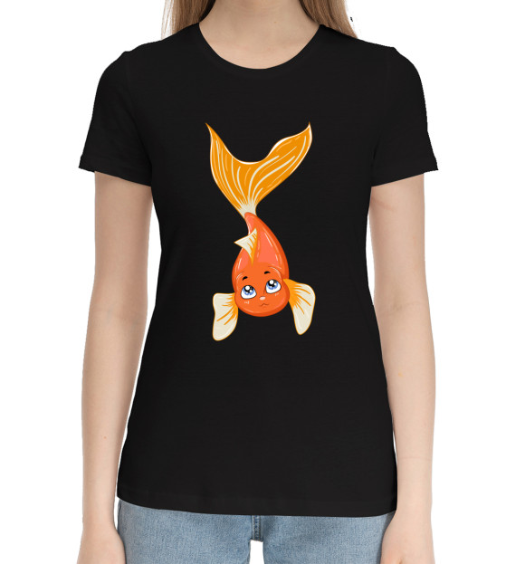 Женская хлопковая футболка с изображением Золотая рыбка цвета Черный