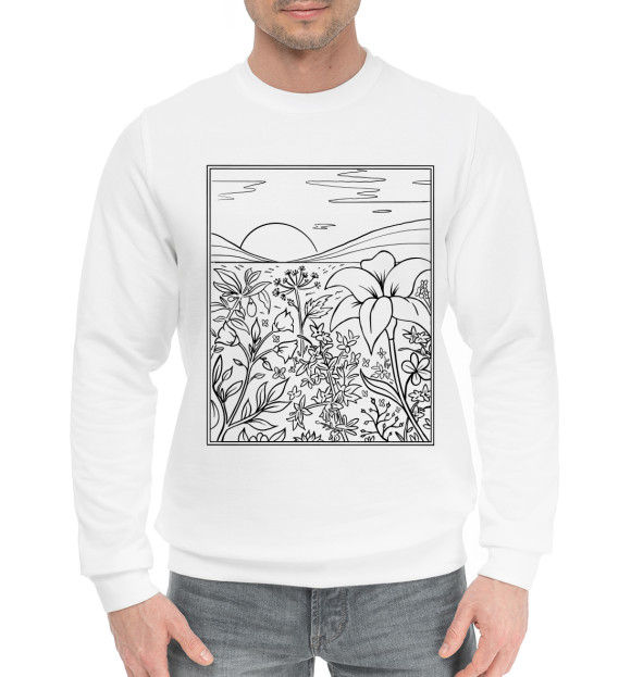 Мужской хлопковый свитшот с изображением Пейзаж в стиле Line Art цвета Белый