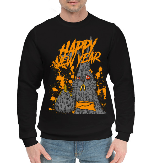 Мужской хлопковый свитшот с изображением Happy New Year цвета Черный