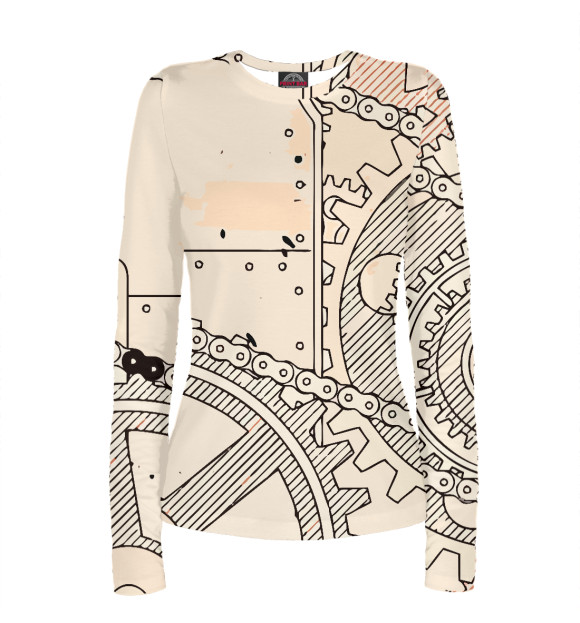 Женский лонгслив с изображением Чертёж Механизма Шестерни цвета Белый