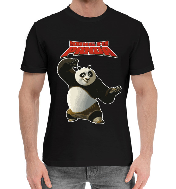 Мужская хлопковая футболка с изображением Кунг-фу Панда цвета Черный
