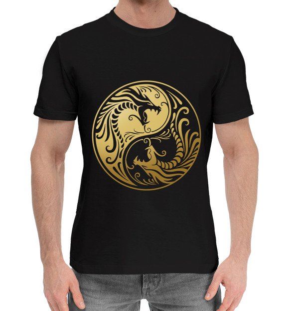 Мужская хлопковая футболка с изображением Драконы цвета Черный