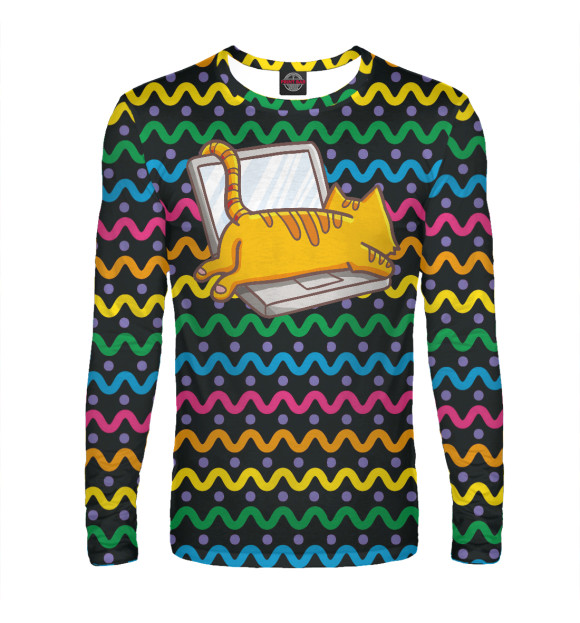 Мужской лонгслив с изображением Котик лежит на ноутбуке цвета Белый