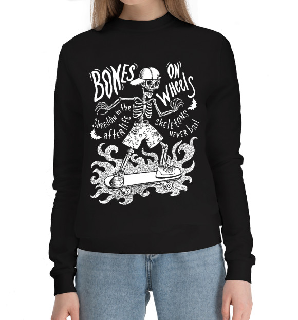 Женский хлопковый свитшот с изображением Скелет черно-белый на скейтборде цвета Черный