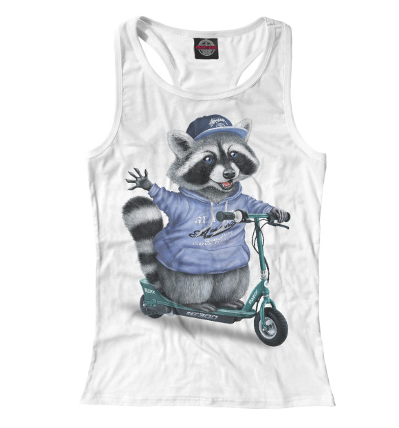 Женская майка-борцовка с изображением Енот на самокате цвета Белый