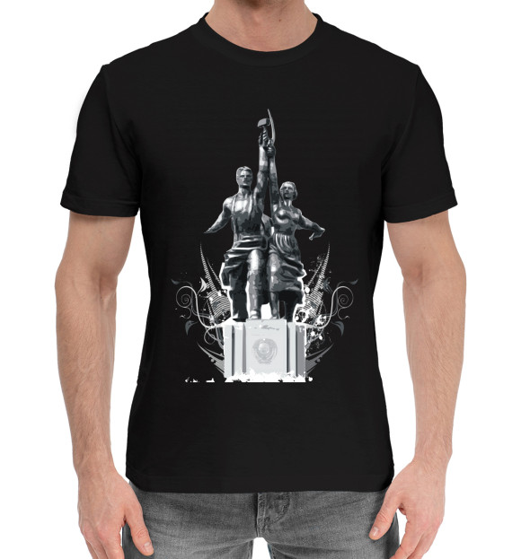 Мужская хлопковая футболка с изображением Рабочий и колхозница цвета Черный