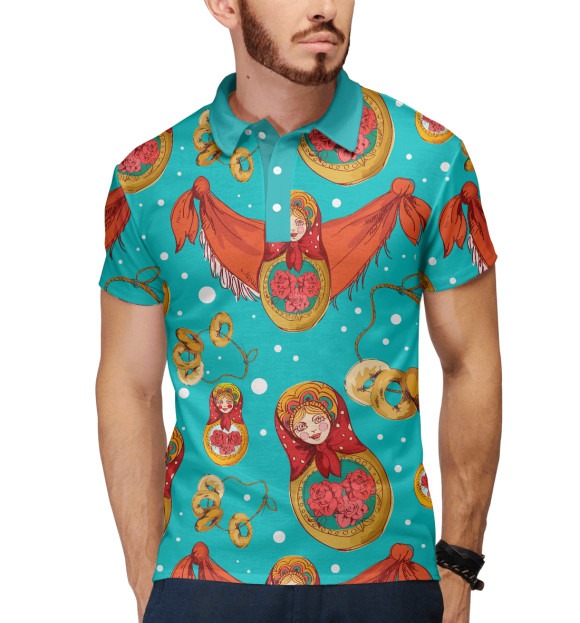 Мужское поло с изображением Матрешки цвета Белый