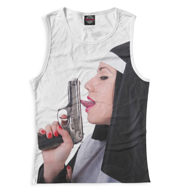Женская майка с изображением Монашка с пистолетом цвета Белый