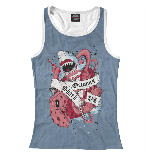 Женская майка-борцовка с изображением Shark vs Octopus цвета Белый