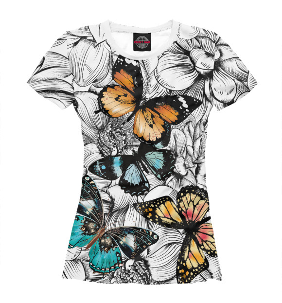 Женская футболка с изображением Цветные бабочки цвета Белый