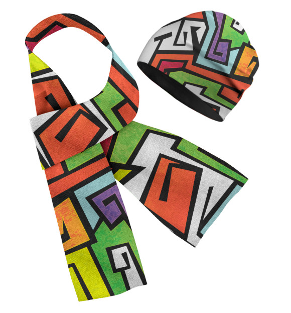 Шарф и шапка с притом Graffiti цвета Белый Шарф и шапка с изображением Graffiti цвета Белый