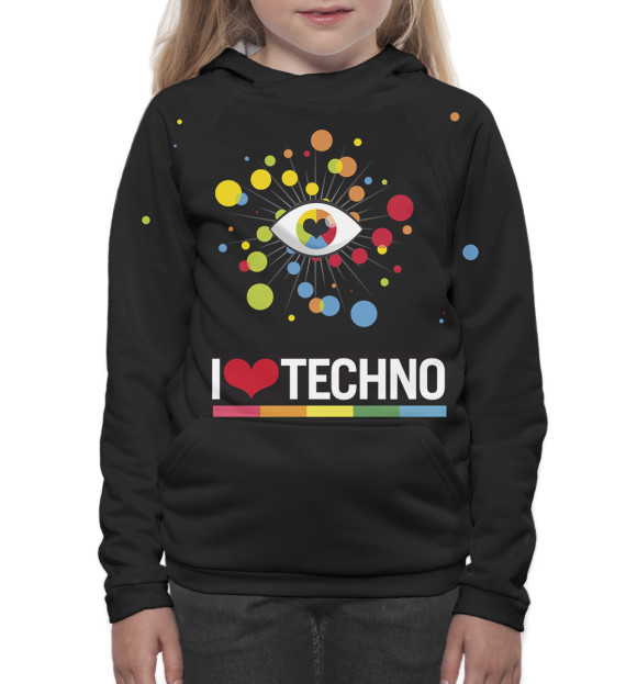 Худи для девочки с изображением I Love Techno цвета Белый