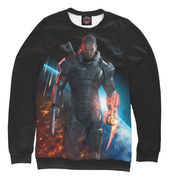 Мужской свитшот с изображением Mass Effect — Шепард цвета Белый