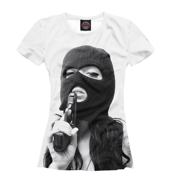Женская футболка с изображением Девушка с пистолетом цвета Белый