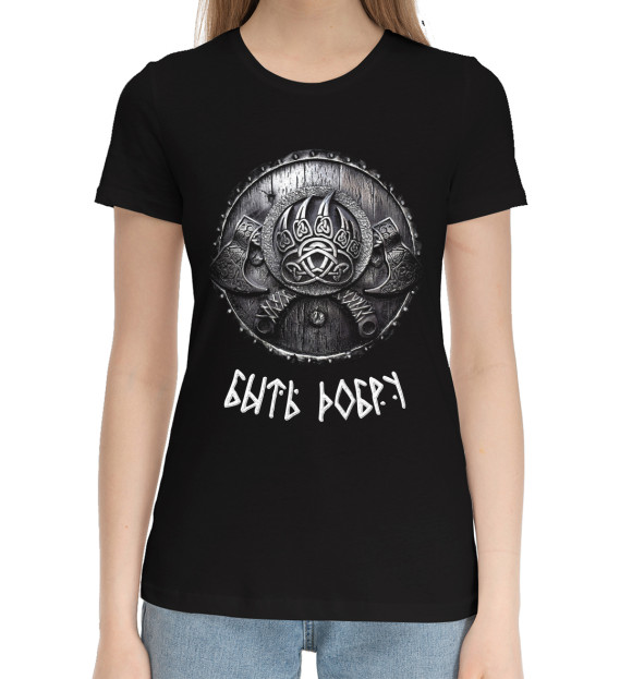 Женская хлопковая футболка с изображением Символ воина цвета Черный