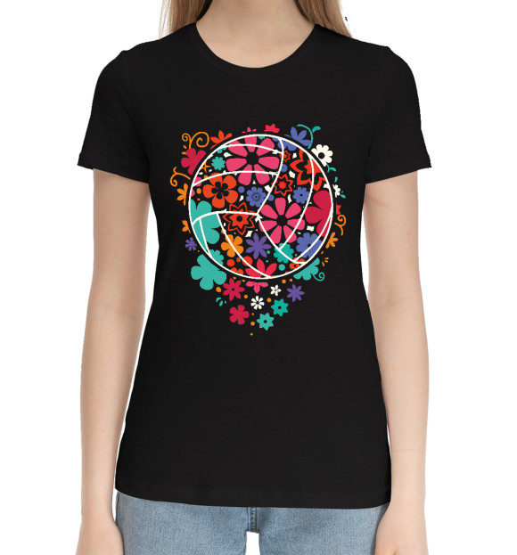 Женская хлопковая футболка с изображением Volleyball Flowers цвета Черный