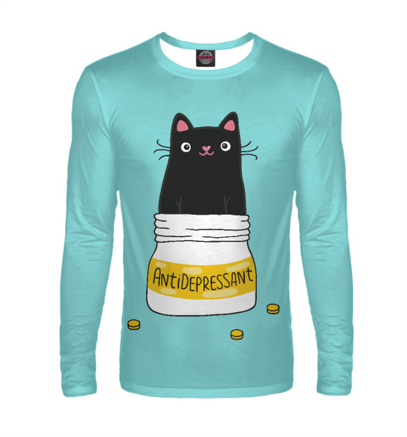 Мужской лонгслив с изображением Кот-Антидепрессант цвета Белый
