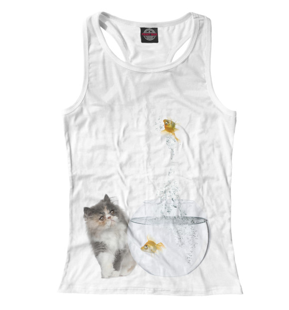 Женская майка-борцовка с изображением Котик и рыбки цвета Белый
