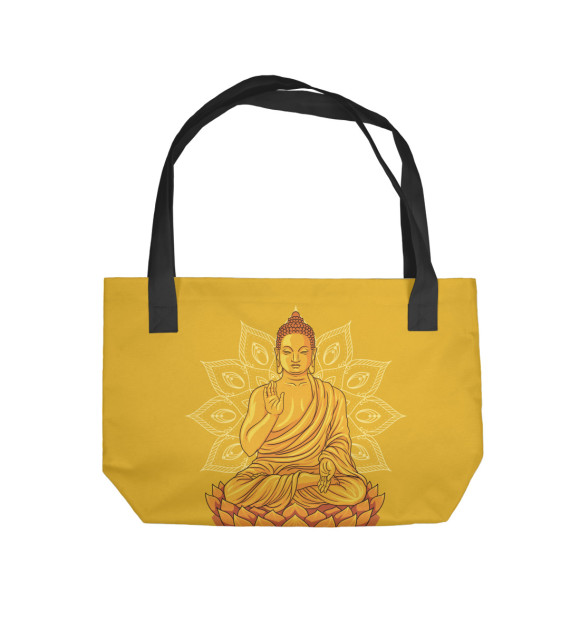 Пляжная сумка с изображением Золотой Будда с мандалой и лотосом цвета 