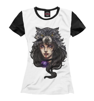 Женская футболка Девушка с шкурой волка