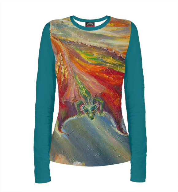 Женский лонгслив с притом Полет дракона цвета Белый Женский лонгслив с изображением Полет дракона цвета Белый