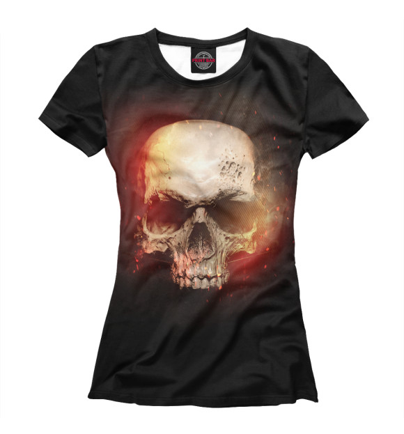 Женская футболка с притом Череп в огне цвета Белый Женская футболка с изображением Череп в огне цвета Белый