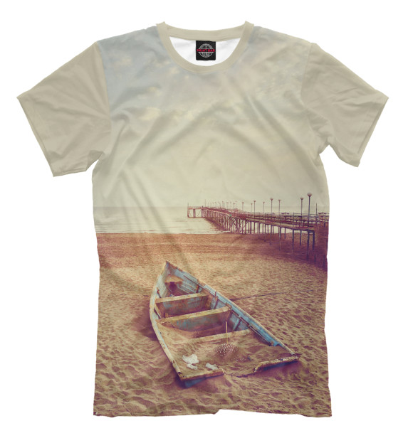 Мужская футболка с изображением Лодка на песке цвета Бежевый